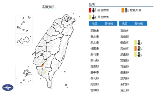 今(31)日中午前後高雄市地區為橙色燈號,有38度極端高溫出現的機率。(圖/翻攝自中央氣象署) ▲今(31)日中午前後高雄市地區為橙色燈號,有38度極端高溫出現的機率。(圖/翻攝自中央氣象署)