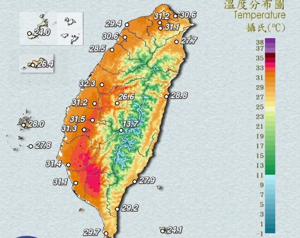 ▲端午節天氣高溫炎熱！氣象署發布高溫特報，下午13時20分，高雄市內門已達攝氏38.5度。（圖／翻攝自中央氣象署）