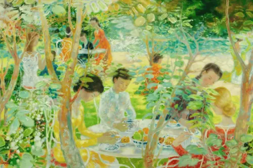 ▲越南藝術家黎譜作品《午後的茶敘》，描繪一群優雅女士在花園愜意享受茶敍。（圖／翻攝自蘇富比）