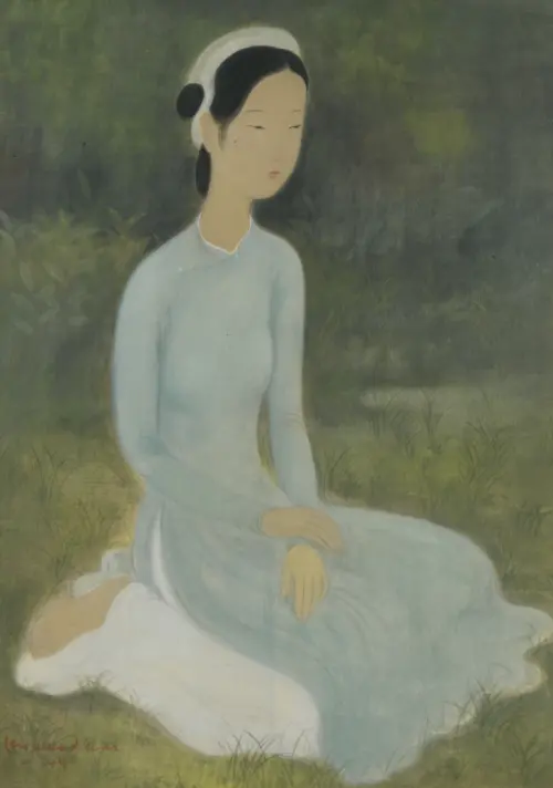 ▲越南藝術家武高談作品《藍衣女子》，充滿優雅細膩的韻味，以柔和的嫩綠與淡藍色調為主，女子溫婉的姿態搭配詩意氛圍，在平靜的色彩中自然流露。（圖／翻攝自蘇富比）