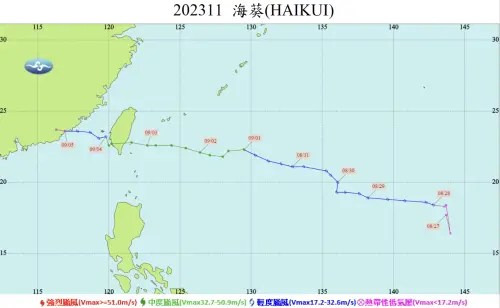 2023年的海葵颱風,曾登陸台灣2次,並打破台灣累積1472天沒有颱風登陸的紀錄。(圖/中央氣象署) ▲2023年的海葵颱風,曾登陸台灣2次,並打破台灣累積1472天沒有颱風登陸的紀錄。(圖/中央氣象署)