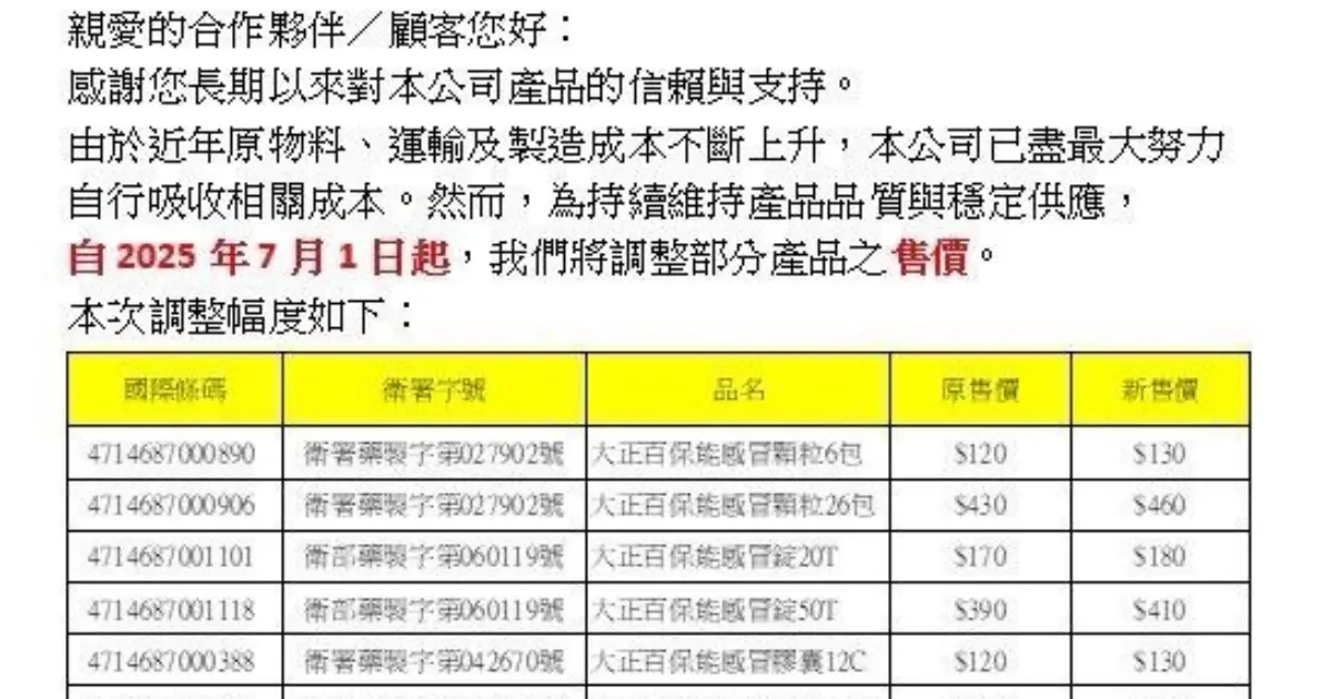 ▲台灣大正製藥發出調整價格公告。（圖／藥師沈采穎提供）