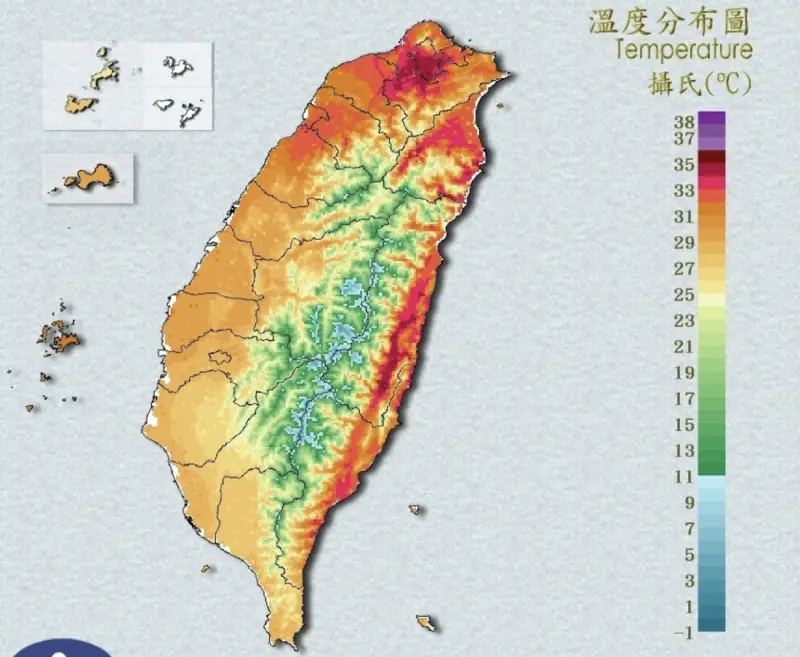 ▲西南季風過山後沉降影響，今（2）日大台北、花東氣溫非常悶熱，溫度分布圖整塊通紅。（圖／中央氣象署）