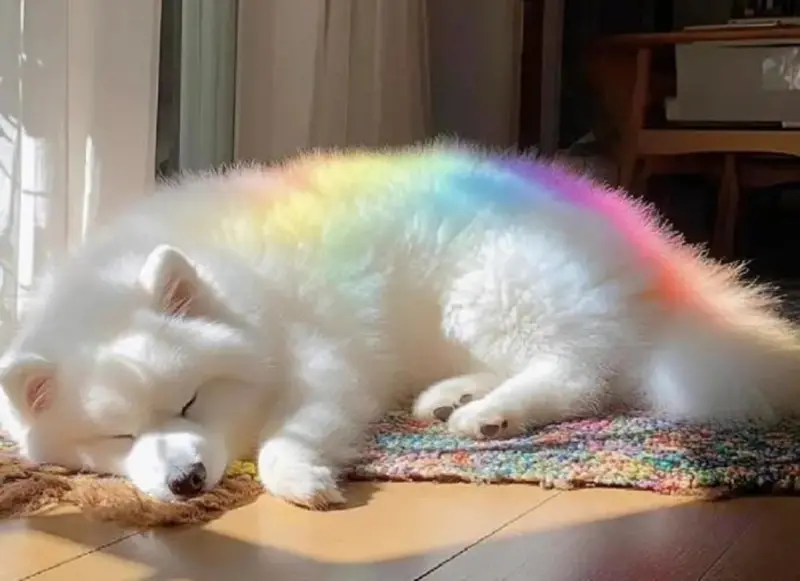 白色薩摩耶穿上「彩虹聖光」！飼主驚：奇蹟降臨　零修圖美照瘋傳