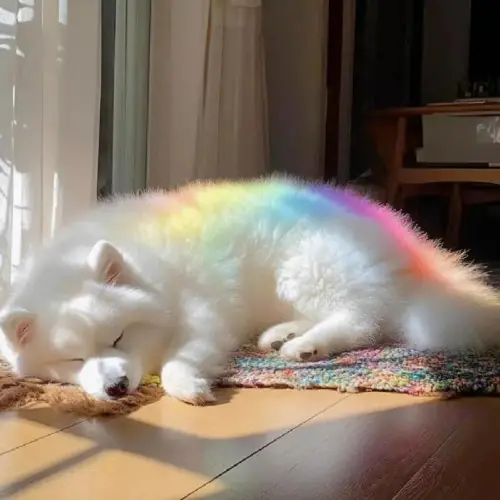 大陸飼主拍下白色薩摩耶犬披上彩虹的照片,五顏六色均勻覆蓋在狗狗的白色毛髮上。(圖/翻攝微博) ▲大陸飼主拍下白色薩摩耶犬披上彩虹的照片,五顏六色均勻覆蓋在狗狗的白色毛髮上。(圖/翻攝微博)