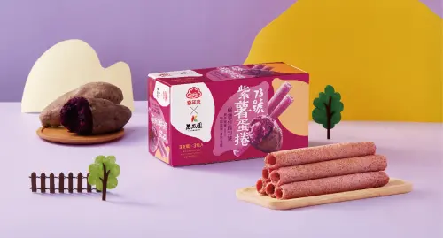 ▲喜年來攜手瓜瓜園推出兩款聯名蛋捲—黃金香烤地瓜蛋捲與73號紫薯蛋捲。（圖／業者提供）