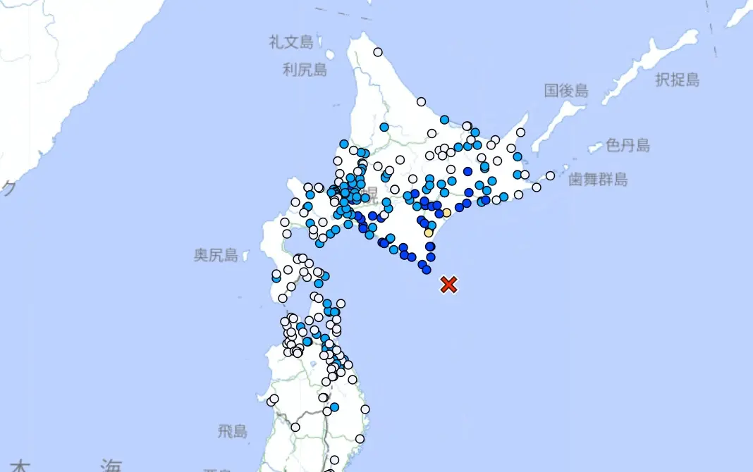 ▲日本北海道近海今日凌晨發生規模6.3地震，北海道近海自5月下旬以來連日發生規模4以上地震，引發關注。（圖／日本氣象廳）