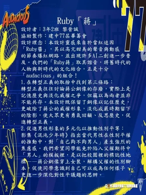 今(2)日稍早建中77屆畢籌會也公布了今年蔣公打扮的主題為「Ruby 蔣」,並公布提案學生的創作理念。(圖/threads@ckgrad_77) ▲今(2)日稍早建中77屆畢籌會也公布了今年蔣公打扮的主題為「Ruby 蔣」,並公布提案學生的創作理念。(圖/threads@ckgrad_77)