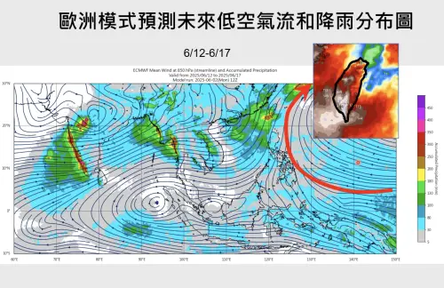 下週二副熱帶高壓往北抬升,低壓系統有機會跟著往北,並在南海至菲律賓附近發展。(圖/賈新興提供) ▲下週二副熱帶高壓往北抬升,低壓系統有機會跟著往北,並在南海至菲律賓附近發展。(圖/賈新興提供)