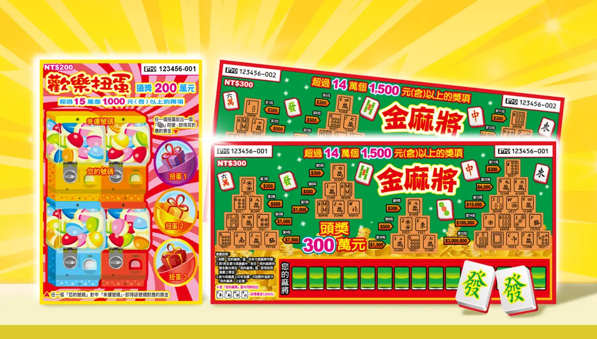 ▲超人氣「麻將」系統刮刮樂再次登場！台灣彩券公司今（3）日再推出2款刮刮樂新品，其中「金麻將」有 8個頭獎300萬元。（圖／台灣彩券公司提供）