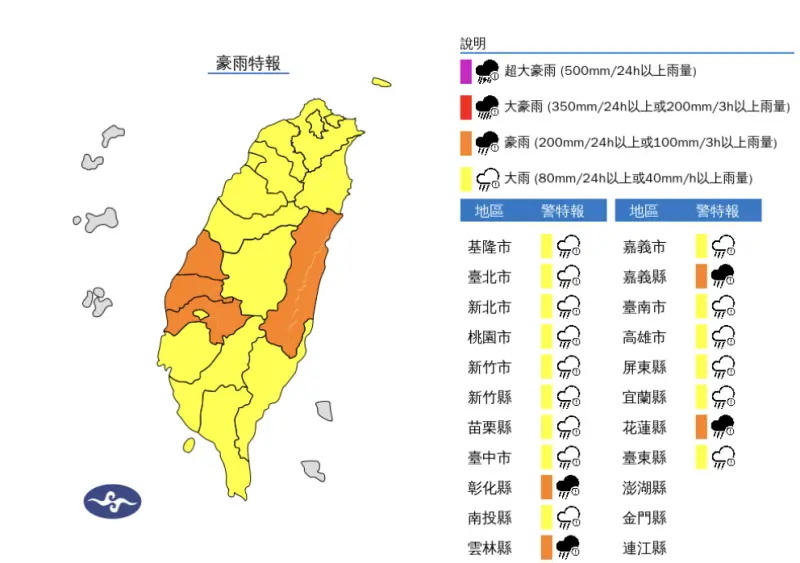 ▲中央氣象署今（3）日下午發布「大雨、豪雨特報」，提醒民眾鋒面正在台灣上頭，入夜後各地雨勢持續。（圖／中央氣象署）