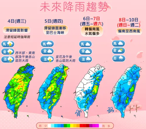 鋒面預估影響到週四,但週五過後水氣還是很多,全台降雨依舊明顯。(圖/中央氣象署) ▲鋒面預估影響到週四,但週五過後水氣還是很多,全台降雨依舊明顯。(圖/中央氣象署)