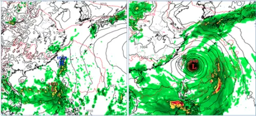 ▲吳德榮說明，根據最新歐洲模式下周三晚間8時模擬圖（上圖左）顯示，南海有熱帶擾動發展跡象；與美國模式同時間模擬圖（上圖右）熱帶擾動明顯發展，且已在台灣東方海面，兩者完全不同。（圖／氣象應用推廣基金會）