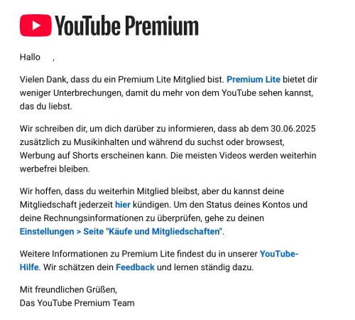 YouTube Premium Lite會員近期都收到Google的通知信件,預告將在6月底於Shorts影片插入廣告。(圖/翻攝畫面) ▲YouTube Premium Lite會員近期都收到Google的通知信件,預告將在6月底於Shorts影片插入廣告。(圖/翻攝畫面)