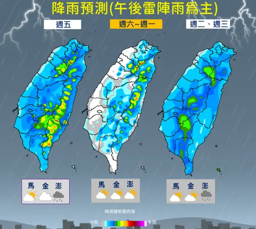 未來一週基本上已經進入「夏季型天氣」,降雨都是以午後雷陣雨為主。(圖/中央氣象署) ▲未來一週基本上已經進入「夏季型天氣」,降雨都是以午後雷陣雨為主。(圖/中央氣象署)