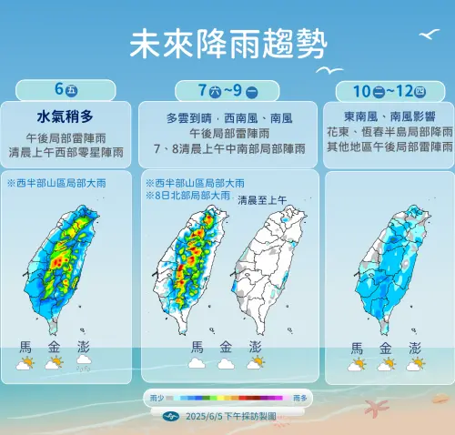 未來幾天午後雷陣雨明顯,下週要注意可能有颱風或熱帶性低氣壓帶來較多雨勢。(圖/中央氣象署) ▲未來幾天午後雷陣雨明顯,下週要注意可能有颱風或熱帶性低氣壓帶來較多雨勢。(圖/中央氣象署)