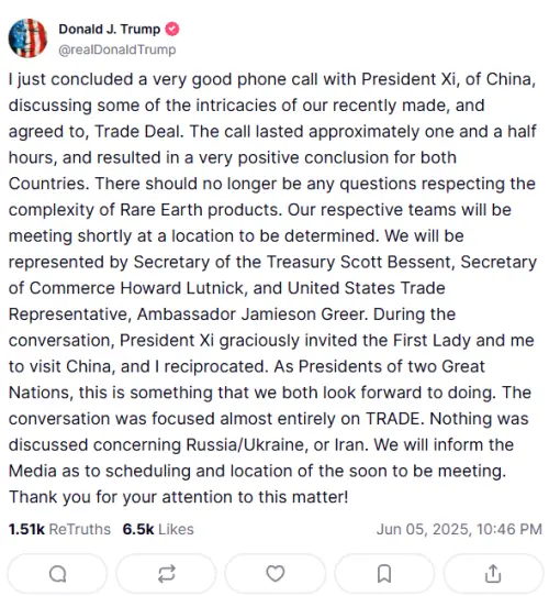 ▲美國總統川普在與習近平通話後，在社群平台發文。（圖／翻攝自川普Truth Social）