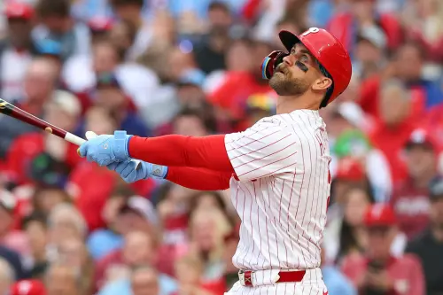 ▲費城人球星Bryce Harper日前在對陣藍鳥的比賽中，因被拍到在球棒桶身噴灑松香，引發違規爭議。根據大聯盟規定，松焦油使用範圍僅限於球棒握把末端起算18吋（約45公分）內，Harper的行為已明顯超出範圍，可能構成違規。（圖／美聯社／達志影像）