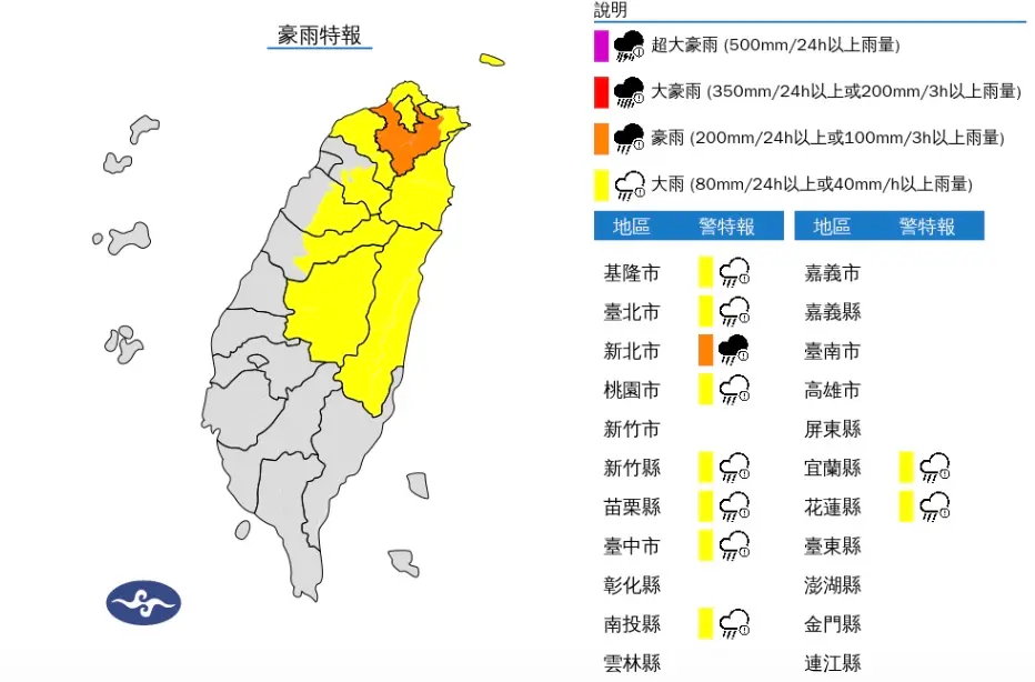 ▲今日新北市有局部大雨或豪雨，桃園以北、宜蘭、花蓮、南投地區及新竹至臺中山區有局部大雨發生的機率。（圖／翻攝自中央氣象署）