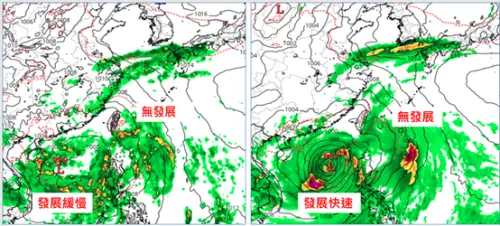 根據歐洲模式(ECMWF)週四(12日)8時模擬圖顯示,原掠過台灣東北部海面的熱帶擾動無發展,南海的熱帶擾動發展緩慢(左圖)。美國模式(GFS)週四(12日)8時亦有類似模擬,但南海的擾動發展快速(右圖)。(圖/翻攝自氣象應用推廣基金會.老大洩天機專欄) ▲根據歐洲模式(ECMWF)週四(12日)8時模擬圖顯示,原掠過台灣東北部海面的熱帶擾動無發展,南海的熱帶擾動發展緩慢(左圖)。美國模式(GFS)週四(12日)8時亦有類似模擬,但南海的擾動發展快速(右圖)。(圖/翻攝自氣象應用推廣基金會.老大洩天機專欄)