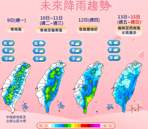 未來一週天氣,上半週以午後雷陣雨為主,下班週可能受到颱風或低壓系統影響,水氣變多。(圖/中央氣象署) ▲未來一週天氣,上半週以午後雷陣雨為主,下班週可能受到颱風或低壓系統影響,水氣變多。(圖/中央氣象署)