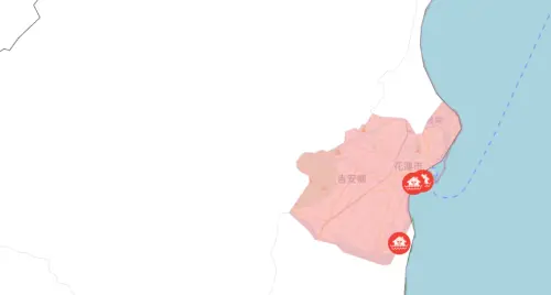 ▲經濟部水利署今（8）日晚間8點針對花蓮縣「吉安鄉、花蓮市」2個地區發布一級淹水警戒。