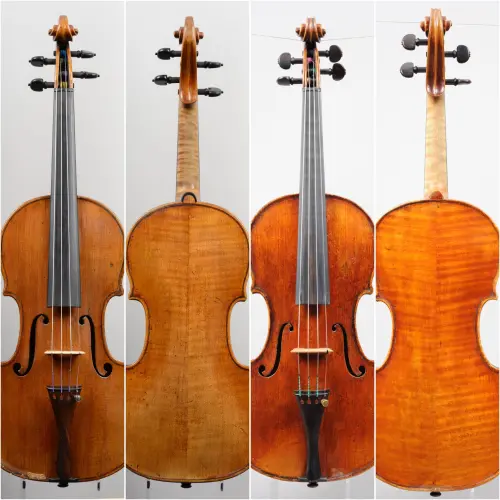 ▲英商賣給張鎮洲兩把小提琴：「Joseph Gag-liano Naples c1800」（左一正面、左二背面）、「Carlo Ferdinando Landolfi, Milan 1762」（右二正面、右一背面）。（圖／Florian Leonhard提供）