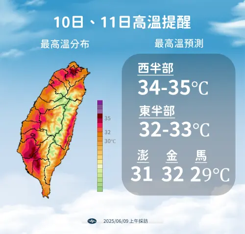 悶熱的高溫環境還沒結束,全台飆破32度,部分地區將有36度以上的氣溫。(圖/中央氣象署) ▲悶熱的高溫環境還沒結束,全台飆破32度,部分地區將有36度以上的氣溫。(圖/中央氣象署)