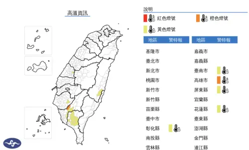 天氣高溫炎熱,今(9)日中午前後高雄市為橙色燈號,有38度極端高溫出現的機率;彰化縣、臺南市、屏東縣、花蓮縣為黃色燈號。(圖/中央氣象署) ▲天氣高溫炎熱,今(9)日中午前後高雄市為橙色燈號,有38度極端高溫出現的機率;彰化縣、臺南市、屏東縣、花蓮縣為黃色燈號。(圖/中央氣象署)