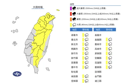 ▲午後對流發展旺盛，中央氣象署發布「大雨特報」。（圖／中央氣象署）
