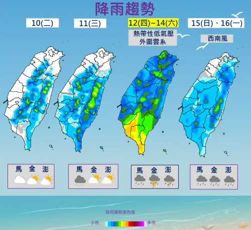 ▲台灣未來一週天氣，週四前午後雷陣雨主導，週五至週末水氣增多，降雨更劇烈。（圖／中央氣象署）