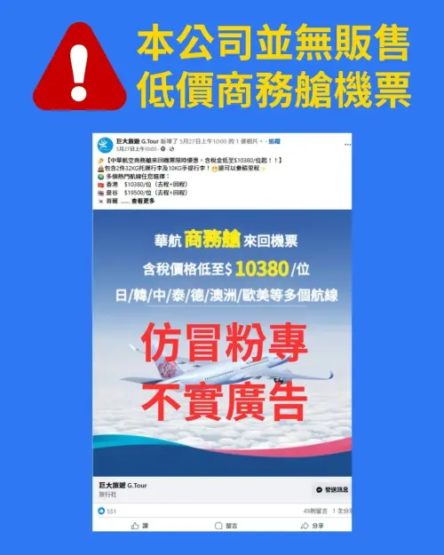 商務艙來回機票「萬元出頭」 旅行社急報警:別輕易匯款