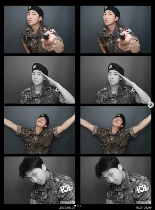 ▲RM曬出自己穿軍服的人生四格照，擁抱自由的表情超逗人。（圖／RM IG）