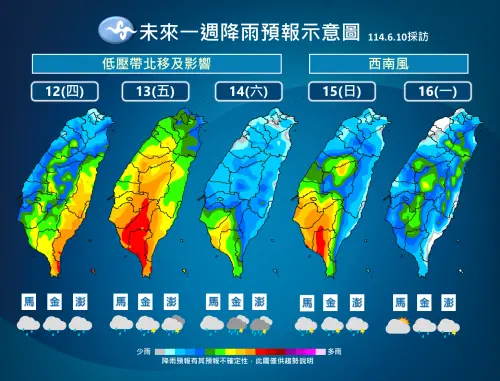▲台灣未來一週天氣，週四開始受到蝴蝶颱風外圍環流影響，水氣增多導致降雨更劇烈。（圖／中央氣象署）