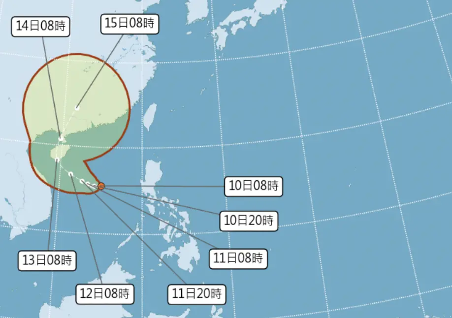 ▲今（10）日上午，南海的熱帶擾動升級為「熱帶性低氣壓」，24小時內有機會增強為「蝴蝶颱風」。（圖／中央氣象署）
