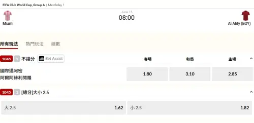 ▲國際邁阿密 @ 阿爾阿赫利開羅，國際足總俱樂部世界盃，台灣運彩開盤。（圖／取自台灣運彩）