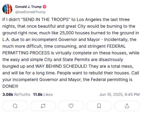 ▲川普10日在自家社群平台Truth Social 發文稱,若他沒有下令派兵,洛杉磯就被夷為平地。(圖/翻攝自川普Truth Social ) ▲川普10日在自家社群平台Truth Social 發文稱,若他沒有下令派兵,洛杉磯就被夷為平地。(圖/翻攝自川普Truth Social )