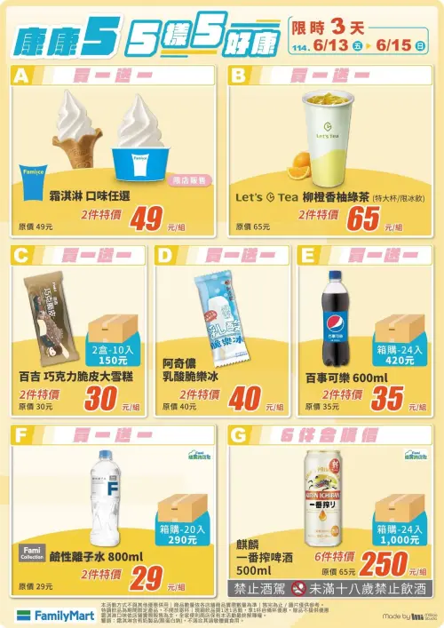 ▲全家本週康康五優惠出爐，6/13~6/15霜淇淋、飲料買一送一。（圖／全家提供）