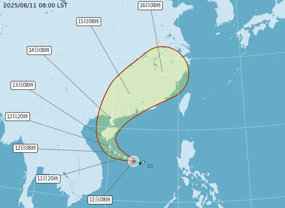 ▲原先位於南海的「熱帶性低氣壓」，今（11）日上午正式增強為2025年首號颱風蝴蝶。（圖／中央氣象署）