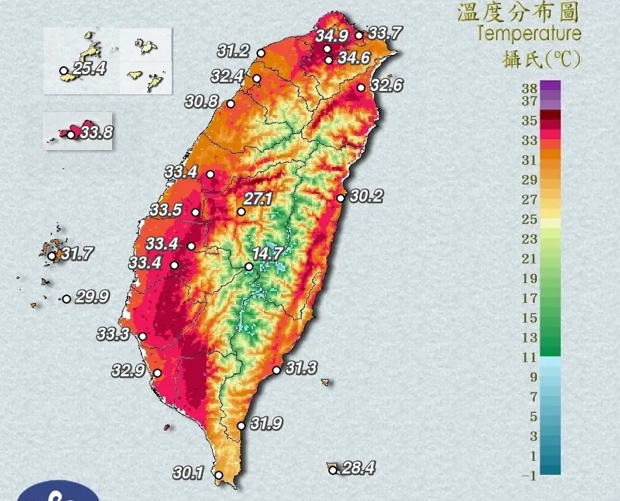 ▲今（11）日台灣受到太平洋高壓、東南風影響，各地氣溫狂飆，溫度分布圖上呈現一片鮮紅。（圖／中央氣象署）