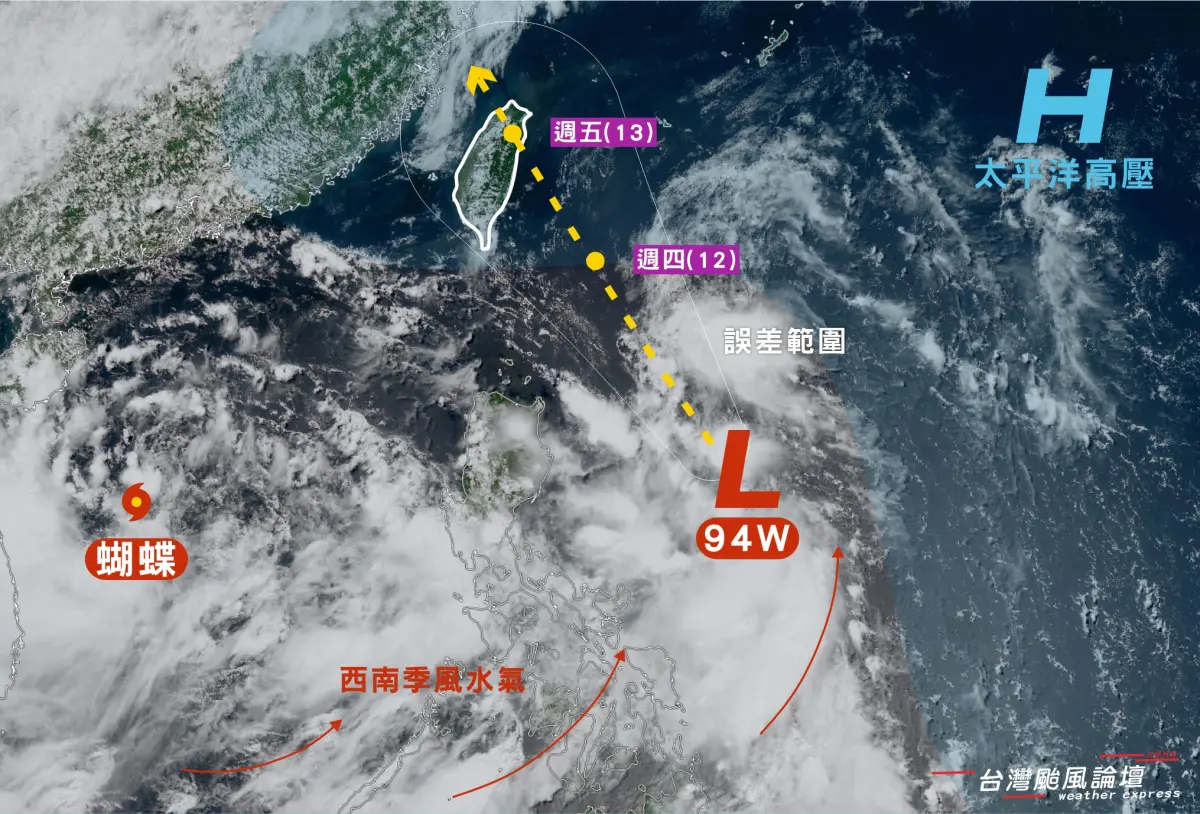 ▲蝴蝶颱風對台灣造成的影響有限，反而是菲律賓東方的熱帶擾動將北上靠近台灣。（圖／「台灣颱風論壇｜天氣特急」臉書）