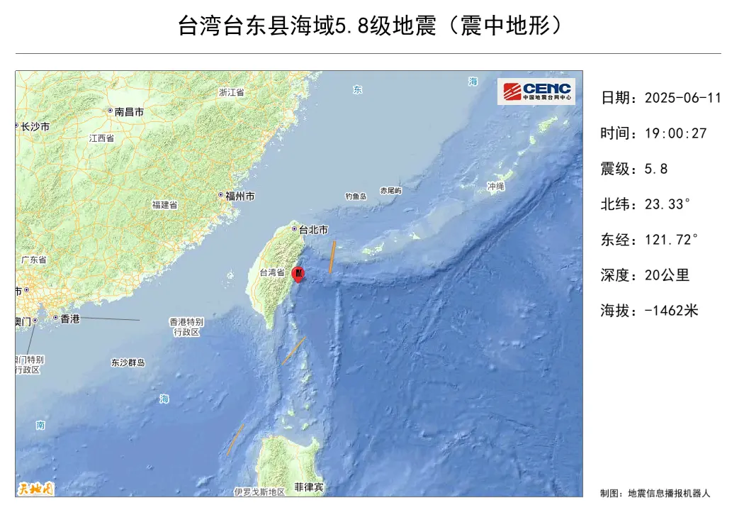 ▲今（11日）晚上7時00分台灣東部海域發生芮氏規模6.4地震。中國地震台網也發布速報。（圖／中國地震台網微博）