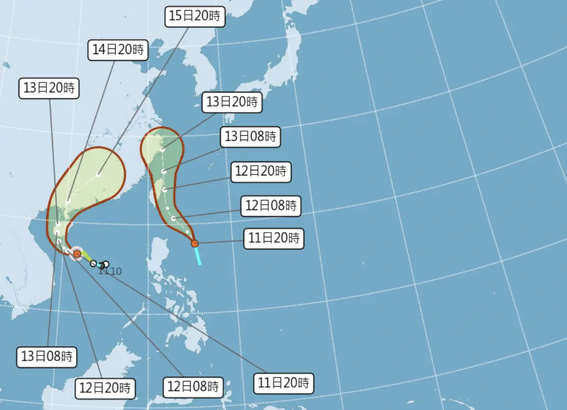 ▲蝴蝶颱風路徑前往中國，台灣則是受到的菲律賓東方北上的熱帶性低氣壓影響，會有明顯雨勢。（圖／中央氣象署）