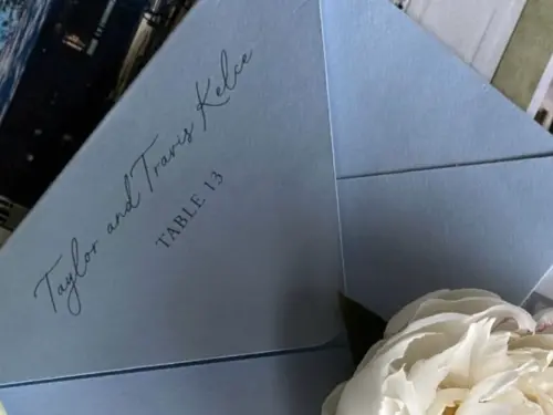 ▲結婚請帖上將泰勒絲與崔維斯凱爾西的名字寫在一起，並沒有提到她的本姓，引起粉絲瘋傳他們已經低調完婚。（圖／摘自X）