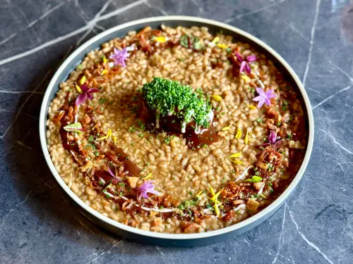 ▲「慢燉豬頰肉燉飯 / 黑巧克力醬汁 / 蒜奶醬」濃郁夠味。（圖／記者蕭涵云攝）