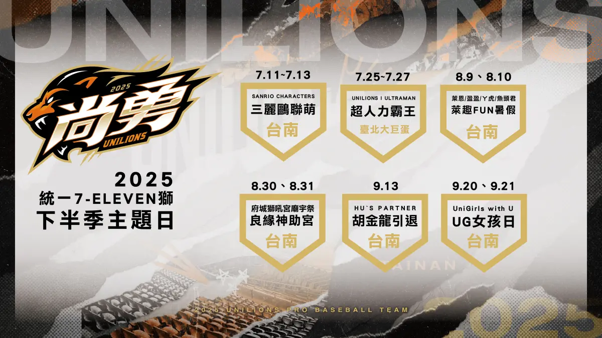 ▲統一獅公布下半季主題日時程，其中在9月13日將舉辦胡金龍引退日。（圖／統一獅提供）