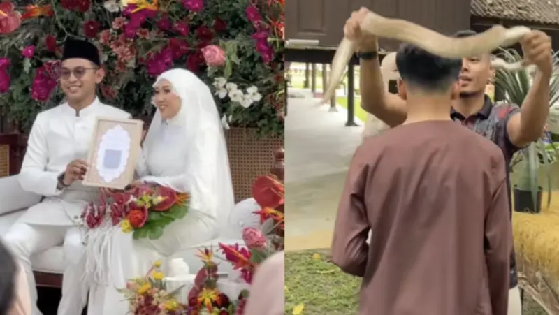 ▲這對新人的婚禮除了邀請賓客，現場也有各種動物，例如蛇。（圖／翻攝自X）