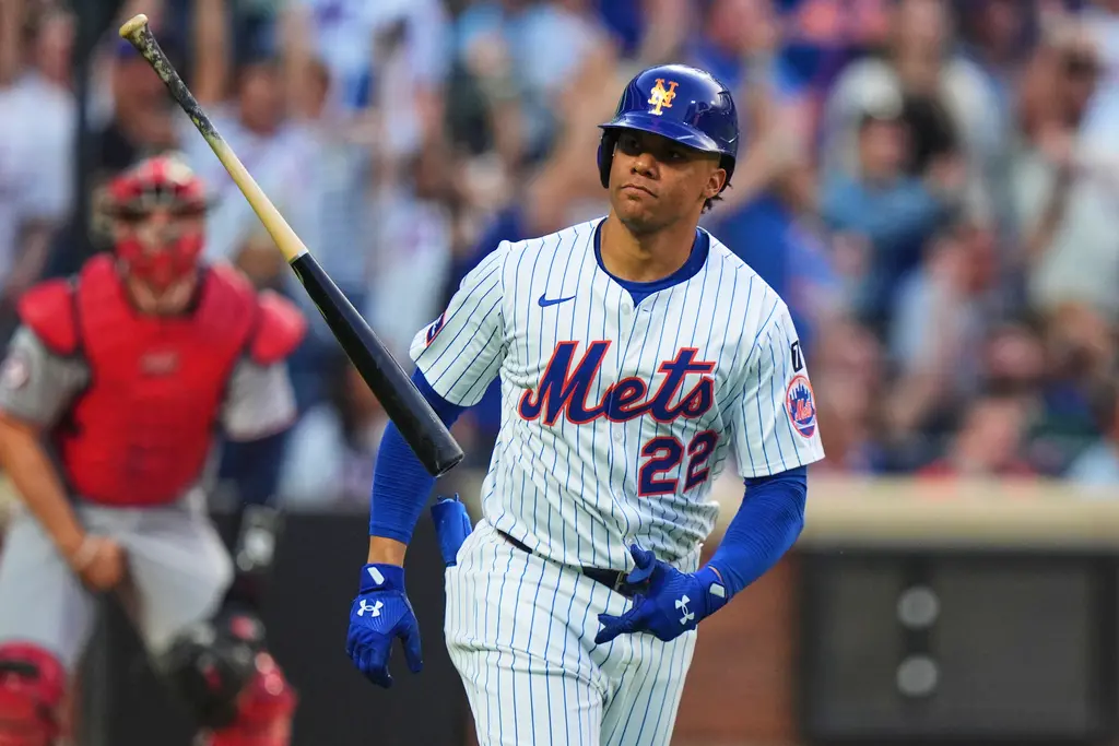 ▲紐約大都會外野手Juan Soto近期終於展現出身價，迎來火力全開的狀態。今（12）日在主場花旗球場迎戰華盛頓國民的比賽中，Soto擔任三棒右翼手，第三局擊出右外野兩分砲，連兩場開轟，幫助球隊以5：0完封對手。（圖／美聯社／達志影像）