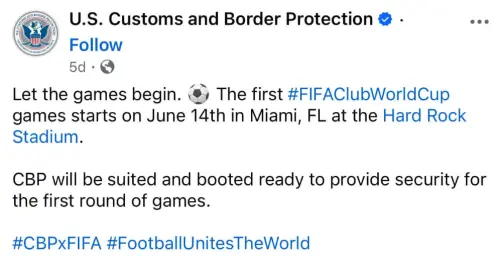 ▲美國海關與邊境保護局（CBP）近日因一則涉及2025年國際足總俱樂部世界盃（FIFA Club World Cup）的社群貼文引發爭議。（圖／取自社群）