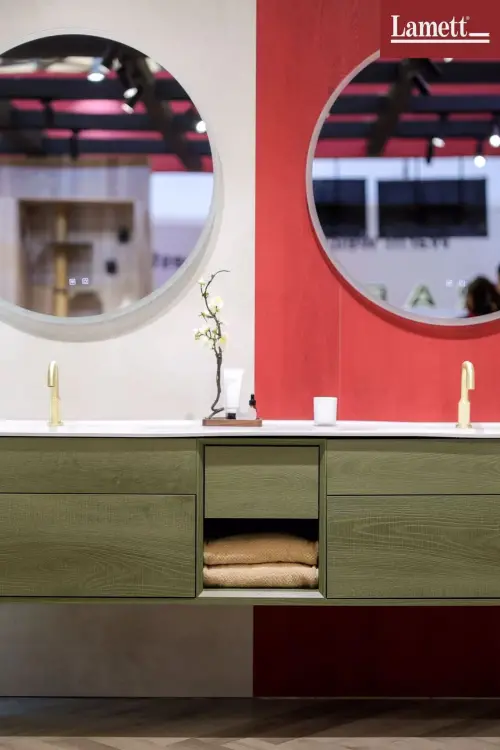 ▲樂邁石晶將石晶材料運用在浴室中，打造防水材質的浴櫃。（圖／樂邁石晶提供）